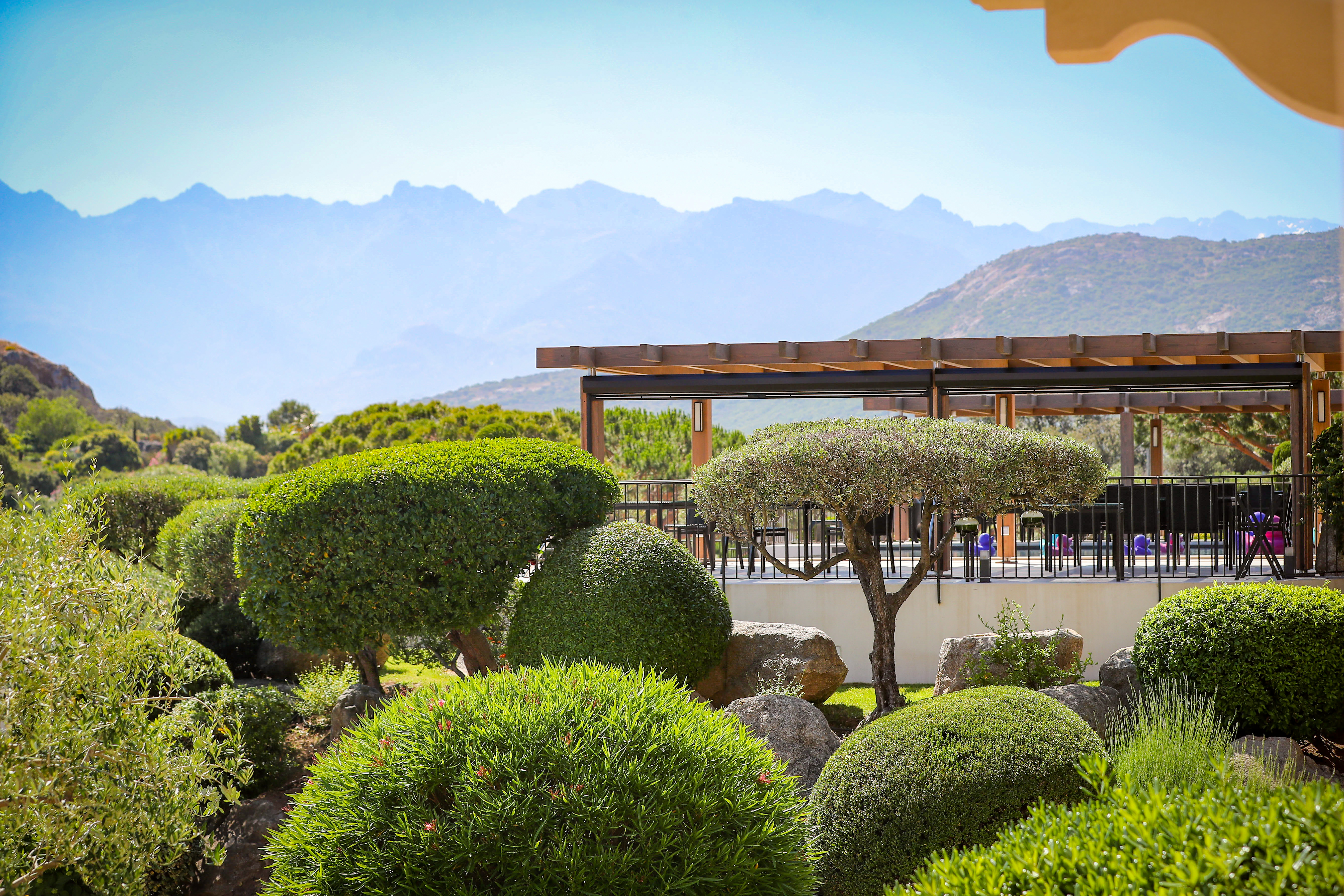 View of terrace amongst the gardens with hedges and trees in front and mountains in background