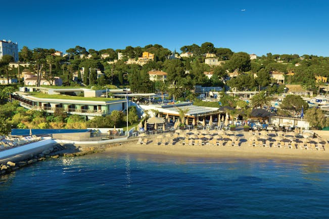 Le Cap d'Antibes Beach Hotel Cote d'Azur beach aerial view sun loungers and umbrellas