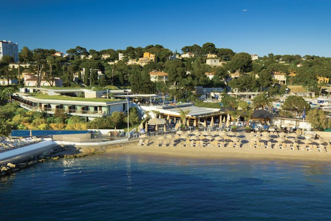 Le Cap d'Antibes Beach Hotel Cote d'Azur beach aerial view sun loungers and umbrellas