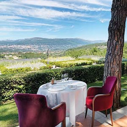Le Mas Candille Cote d'Azur terrace dining overlooking countryside