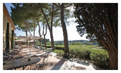Le Mas Candille Cote d'Azur outdoor terrace with seating area looking out over countryside