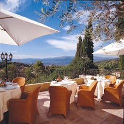 Le Mas Candille Cote d'Azur terrace view dining area with countryside views