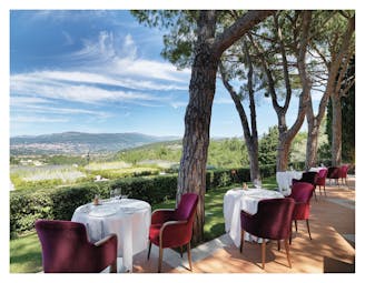 Le Mas Candille Cote d'Azur terrace with dining area overlooking the countryside