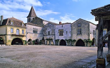 Village square of the medieval town of Monpazier in the Dordogne