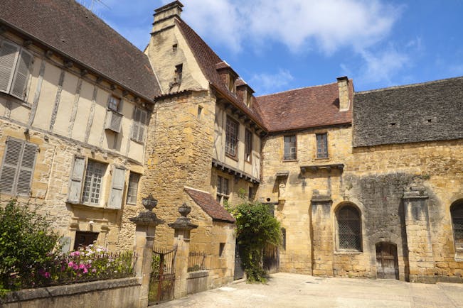 Yellow stone and half timbered houses in Sarlat in the Dordogne