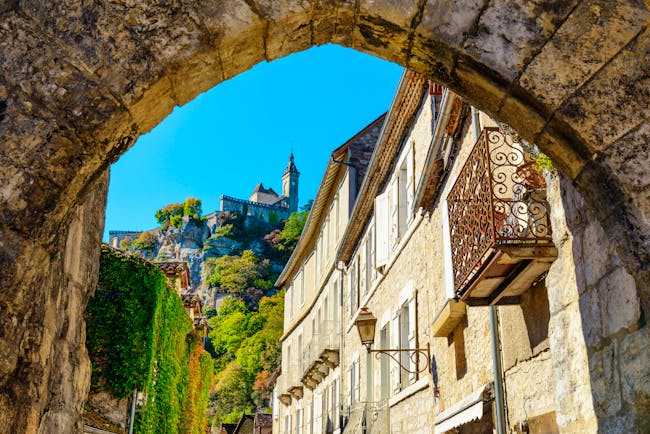 Archway and village houses in Rocamadour in the Dordogne