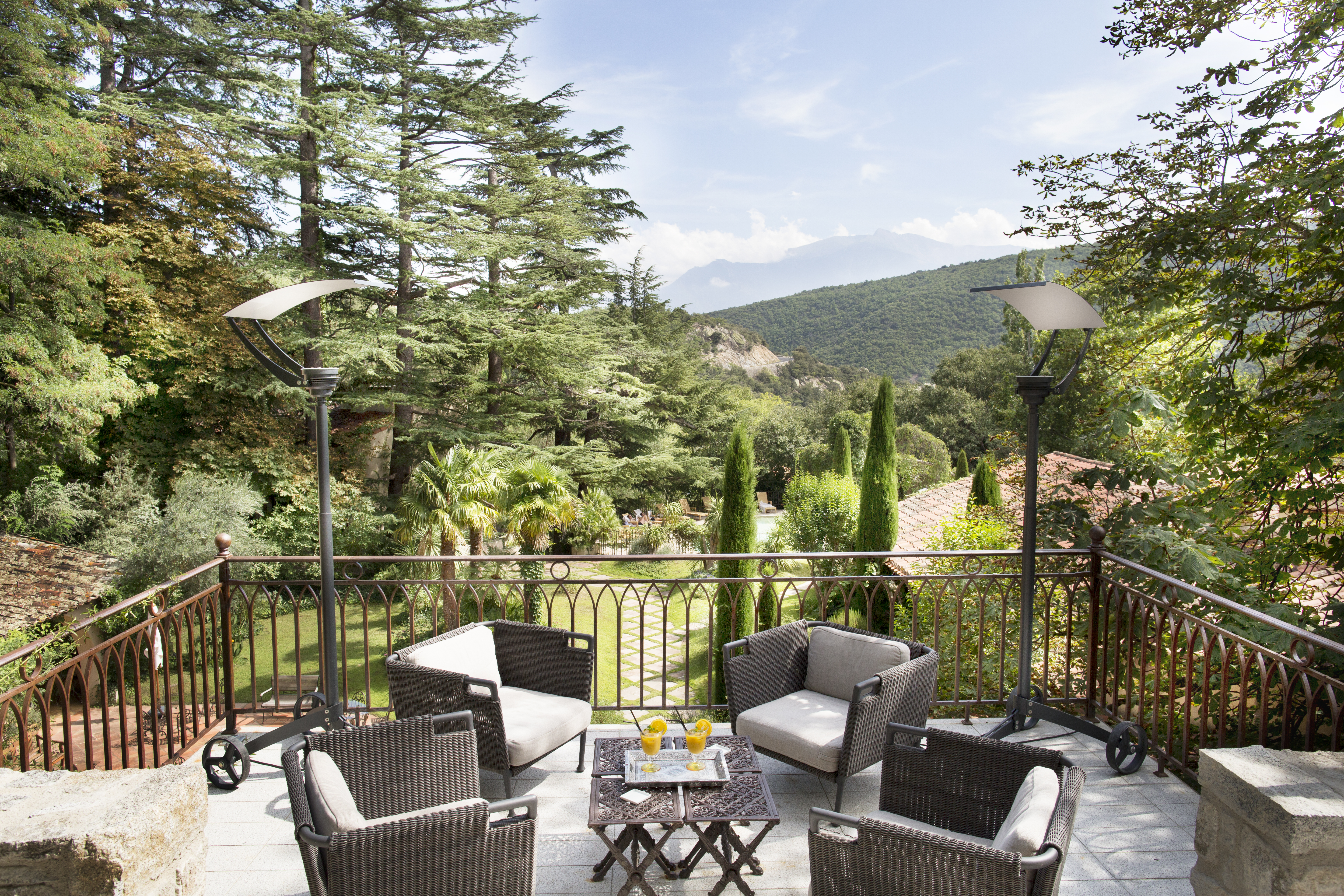 Chateau de Riell terrace with garden views