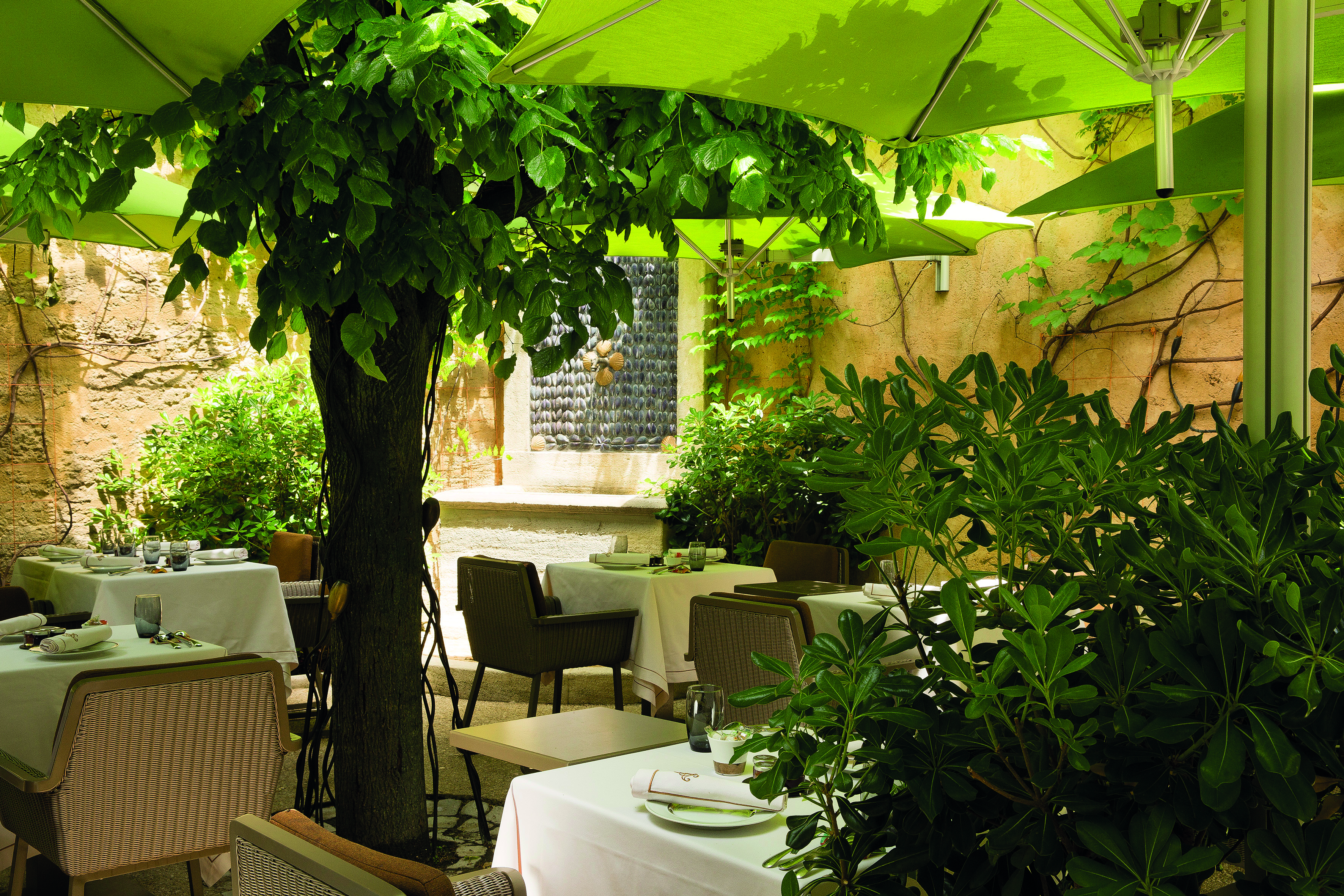 Maison d'Uzes Languedoc Roussillon patio terrace dining courtyard patio with trees and umbrellas