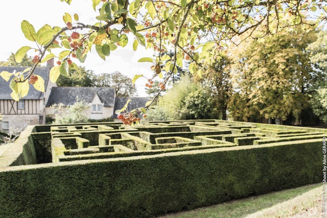 Chateau Noirieux Loire Valley garden maze hedge front of a stone building