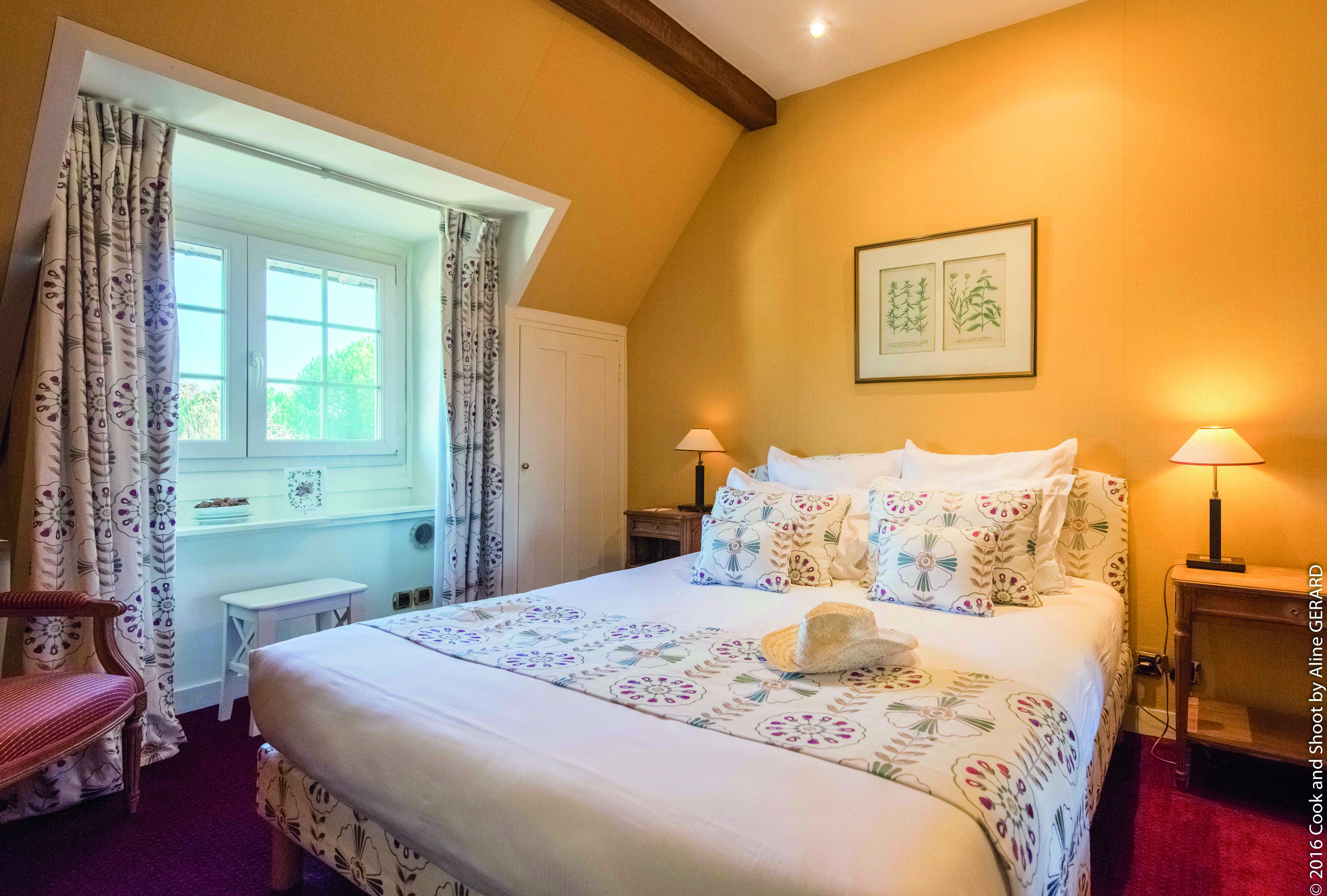 Chateau Noirieux Loire Valley small double bedroom with yellow walls