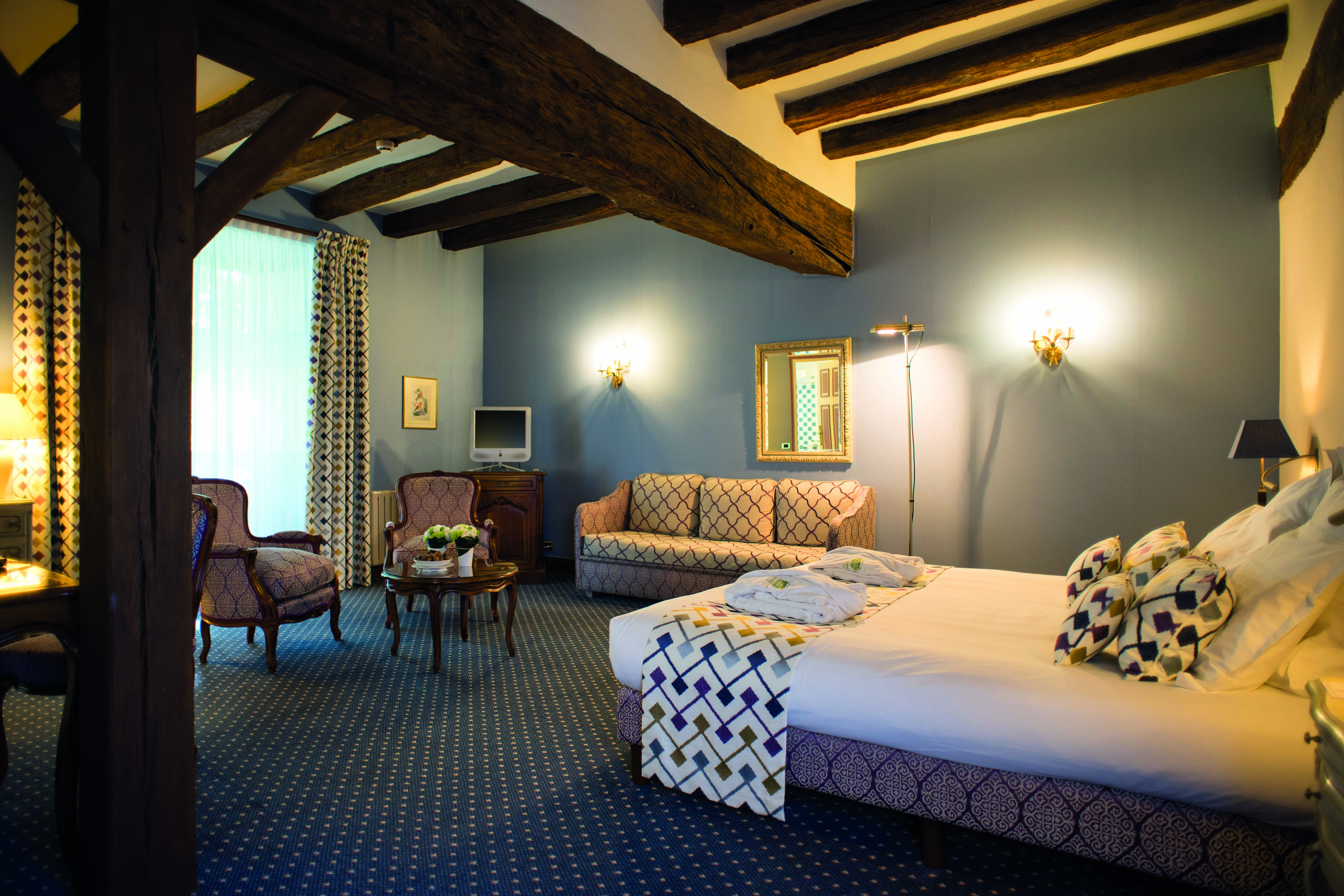 Chateau Noirieux Loire Valley superior king bedroom blue walls and exposed wooden beams
