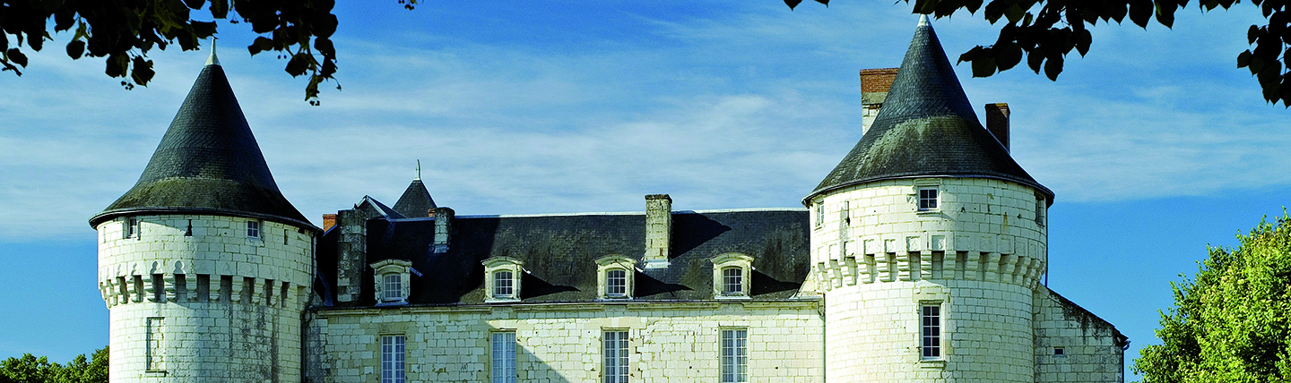 Grey roof with turrets on either side with white brick chateau