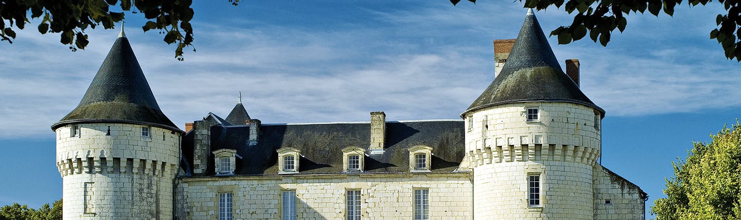 Grey roof with turrets on either side with white brick chateau