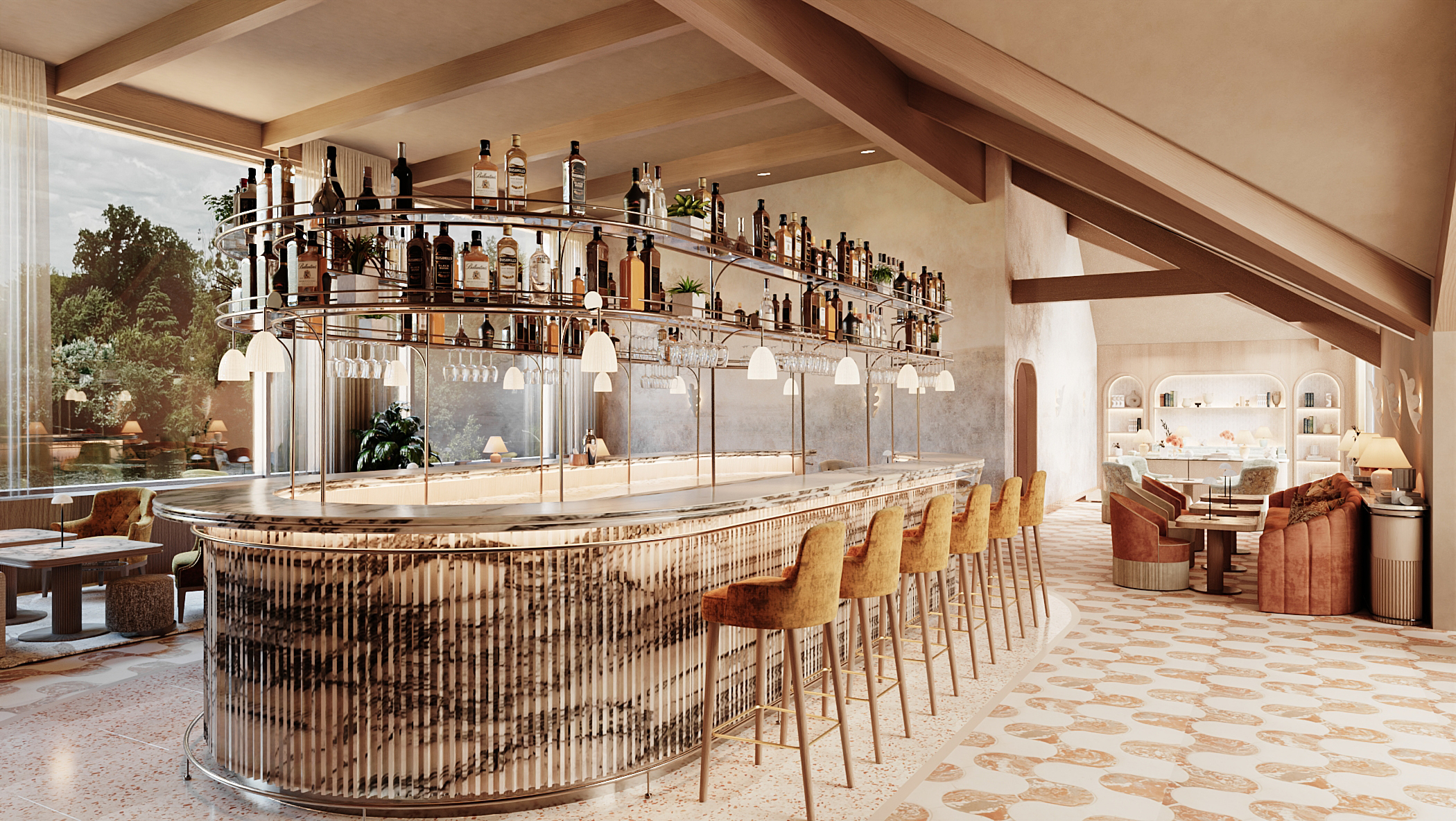 Relais d'Amboise bar, with central oval bar and high ochre bar stools, tiled floors, and sloping vaulted ceilings