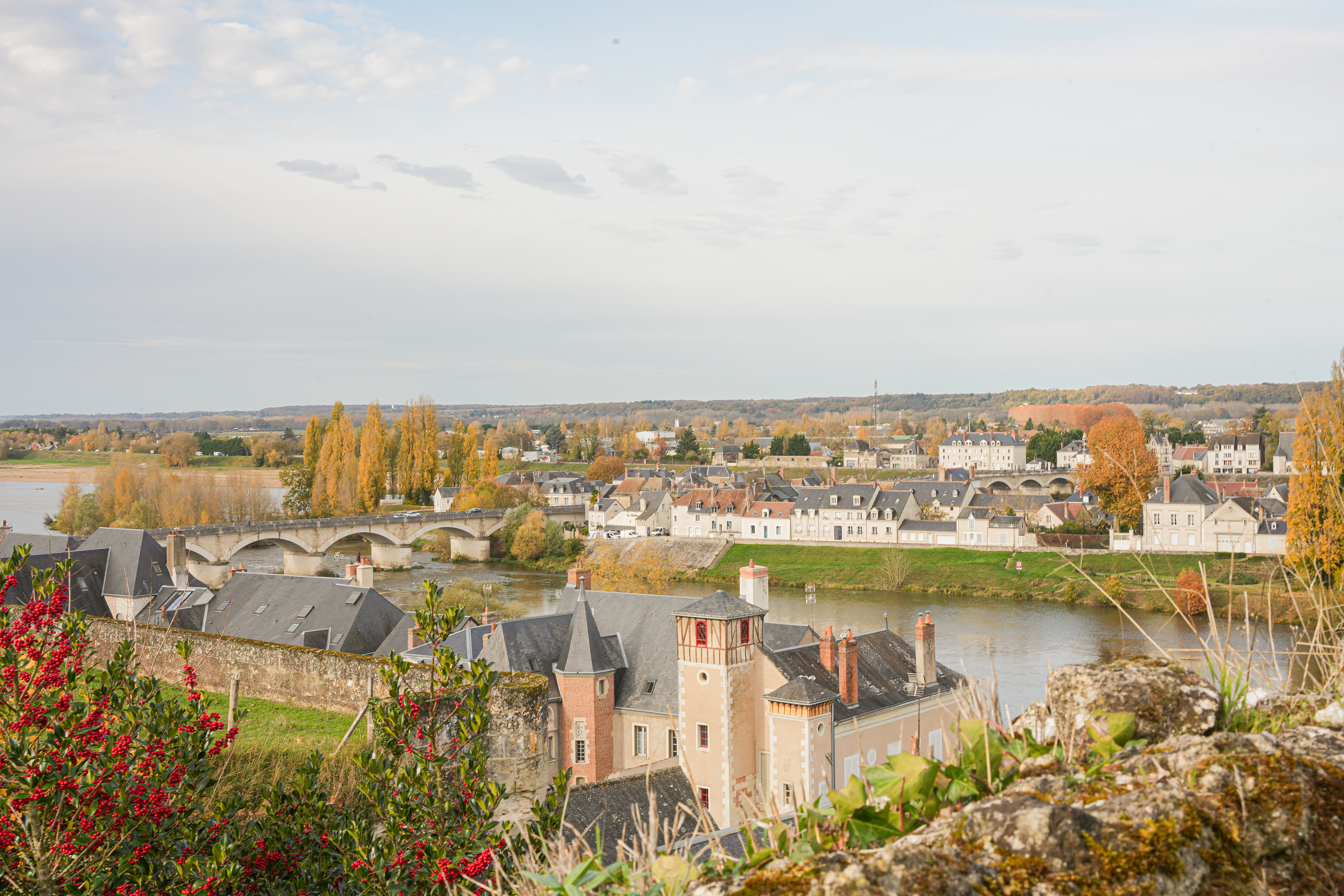 Relais d'Amboise location, showing the river, autumn trees, and the roofs of Amboise