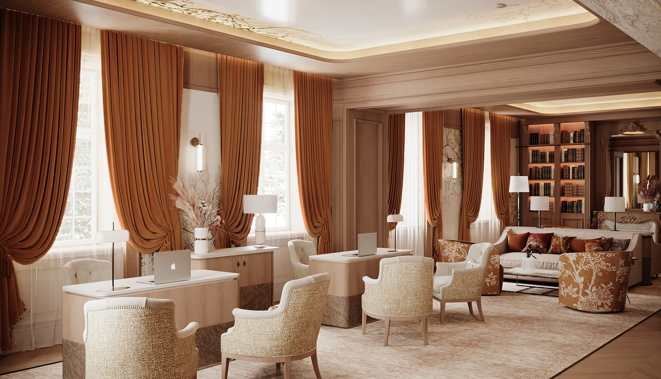 Relais d'Amboise lounge, with soft furnishings and tables, sofas, bookcases, all in a neutral colour palette, with a pop of bright colour from the burnt orange curtains