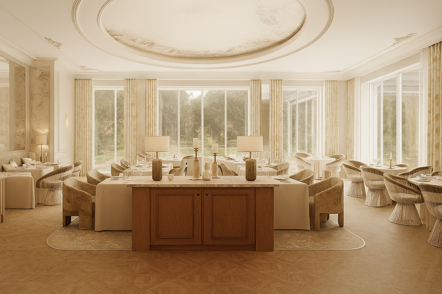 Relais d'Amboise restaurant, with white, cool beige, and wood decor, floor-to-ceiling windows looking out onto hotel grounds, and a calming, neutral style