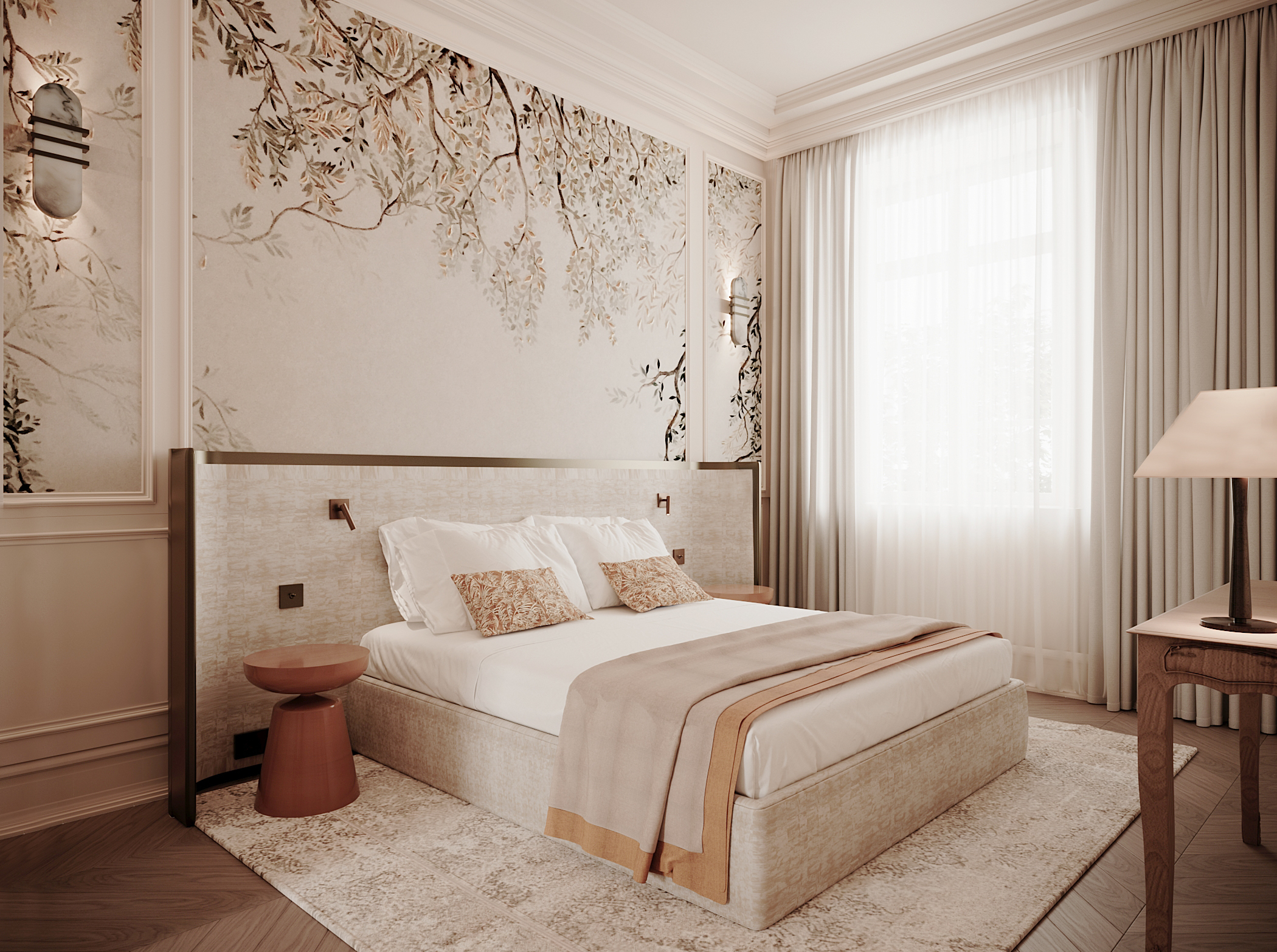Relais d'Amboise room, with cool beige and white colour scheme, flecks of terracotta colour in the furnishings, high ceilings, and nature inspired wallpaper
