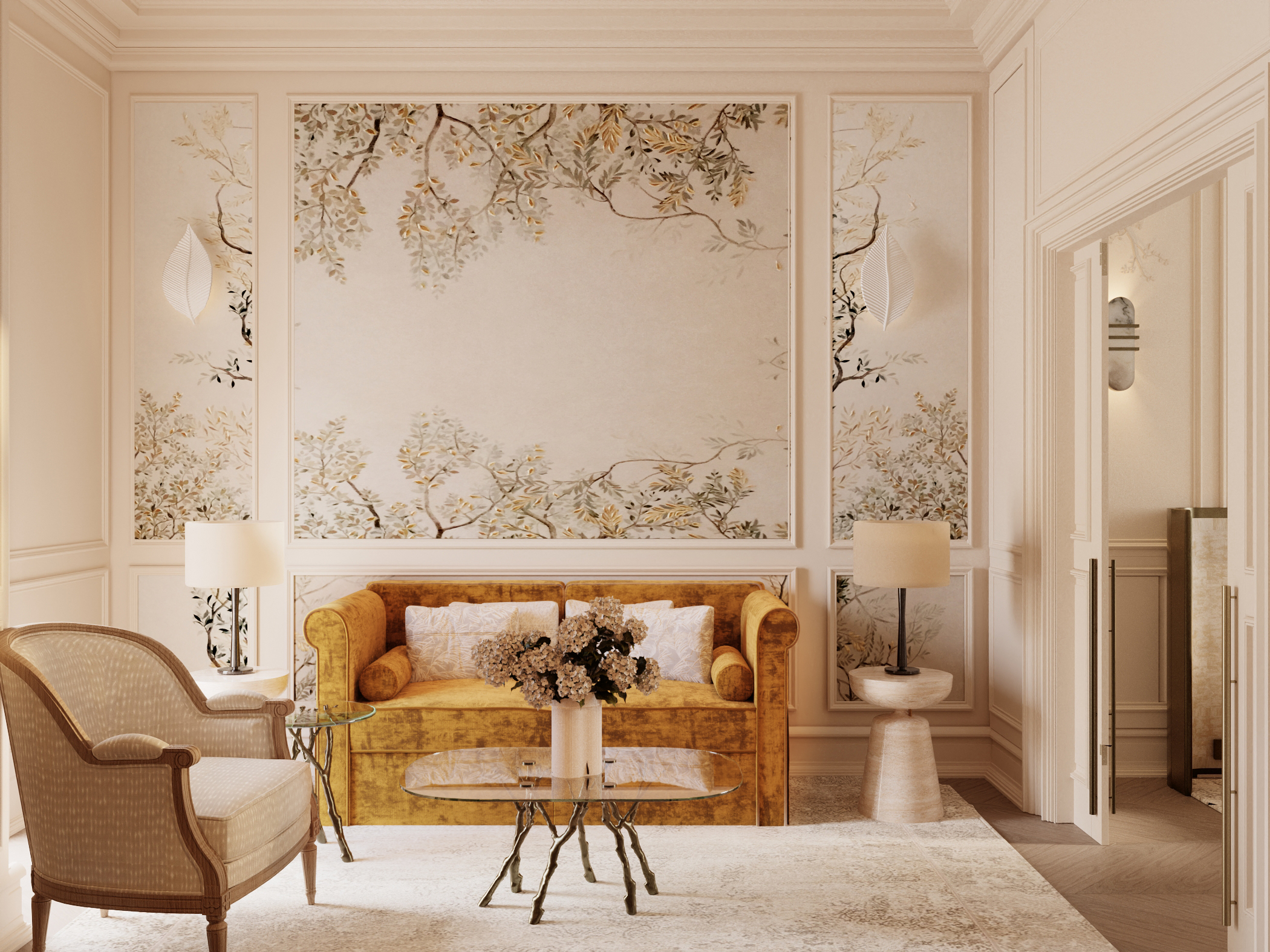  suite, with cream colour scheme, plush yellow sofa, natural themed wallpaper, and high ceilingsq