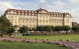 Hotel Royal Barriere exterior, large building, lawns, grand architecture