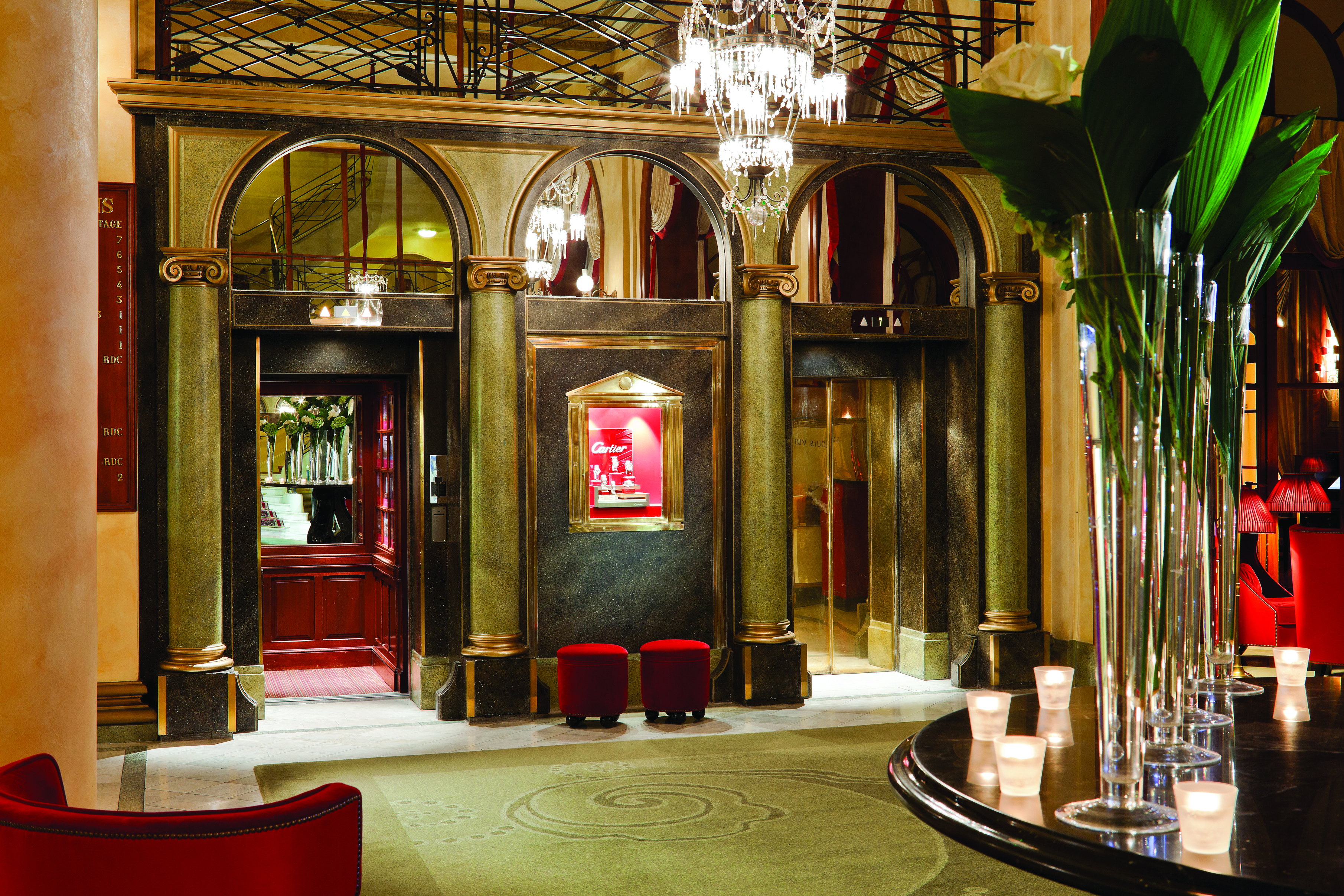 Hotel Royal Barriere lobby, grand decor, old fashioned lifts, chandelier, columns,