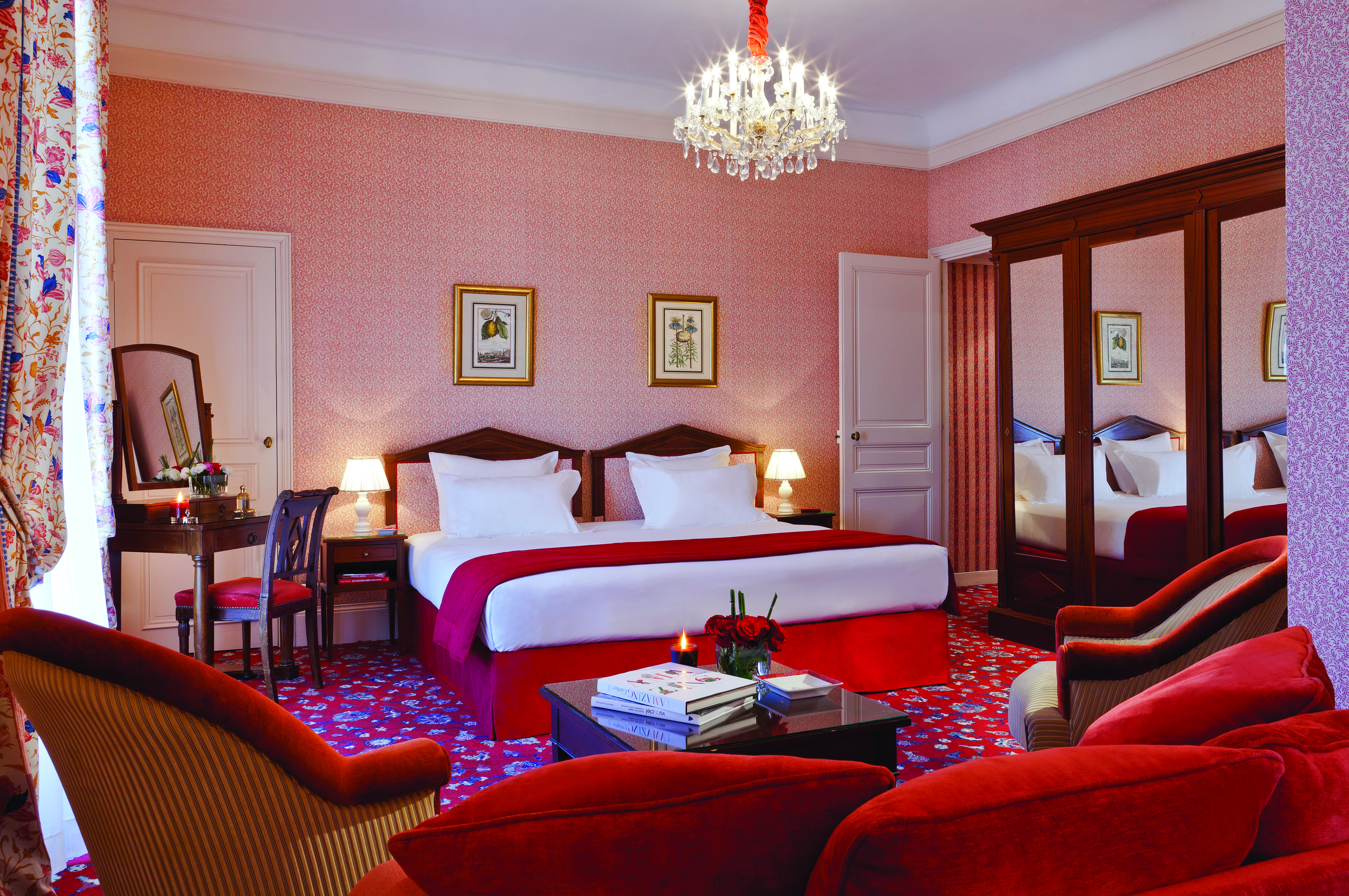 Hotel Royal Barriere terrace room, double bed, armchairs, colourful traditional decor