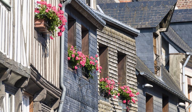 Rustic grey and brown houses with pink flowers in windowboxes in Honfleur