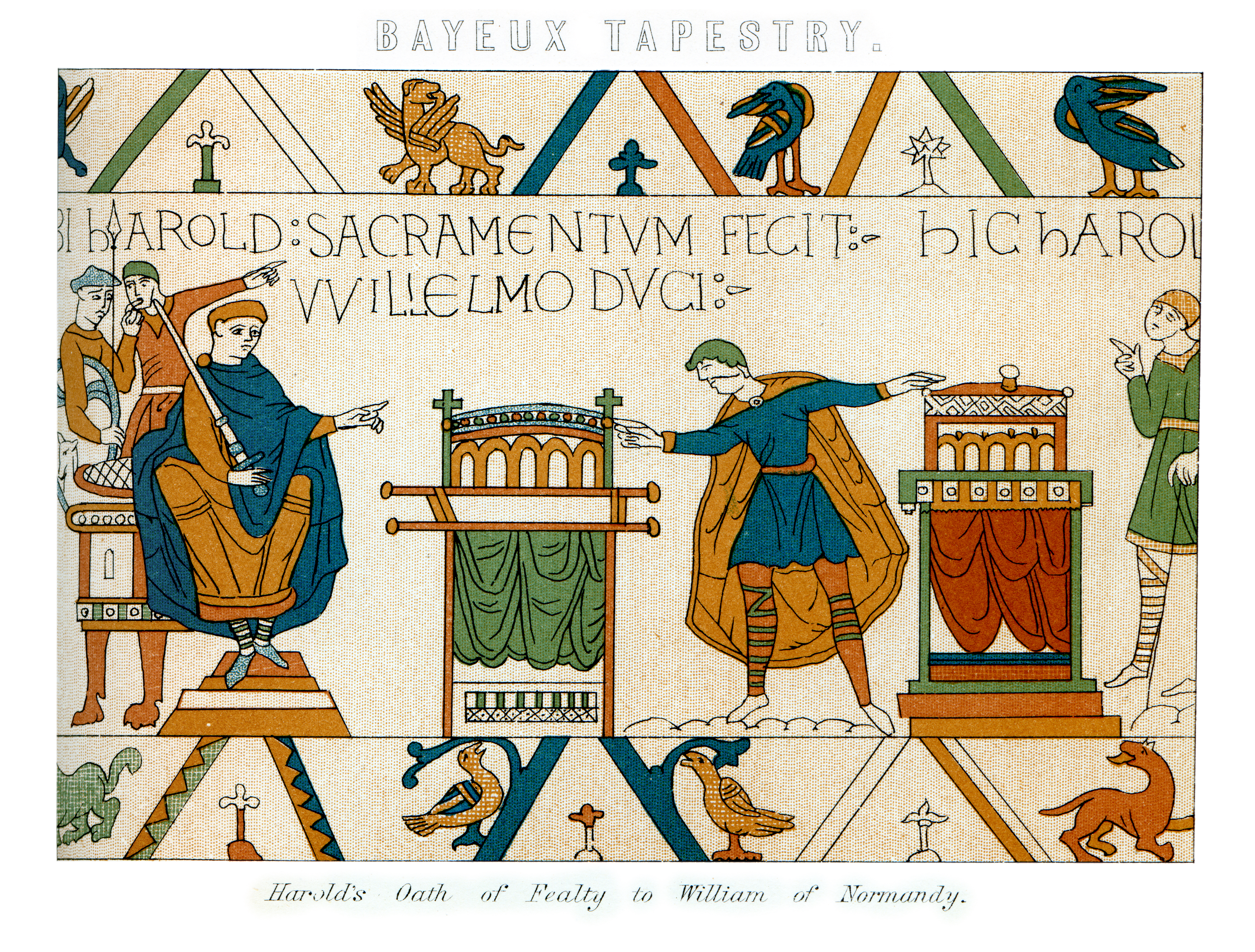 Scene frm the Bayeux tapestry showing Harold's oath of fealty to William