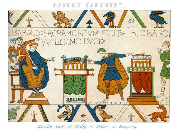 Scene frm the Bayeux tapestry showing Harold's oath of fealty to William