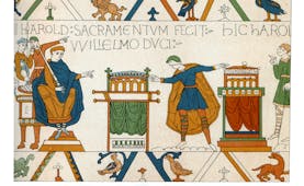 Scene frm the Bayeux tapestry showing Harold's oath of fealty to William