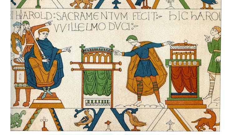 Scene frm the Bayeux tapestry showing Harold's oath of fealty to William