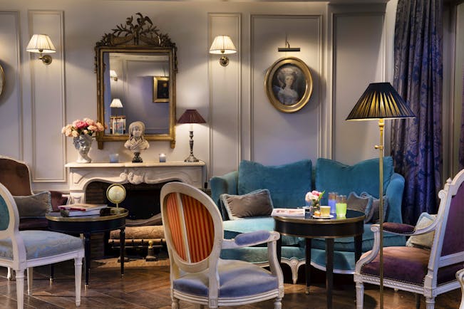 Hotel de Buci lobby bar, velvet armchairs, velvet sofa, elegant decor