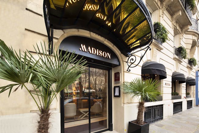 Grand door with awning and palm tree plants outside on pavement at the Madison Hotel Paris