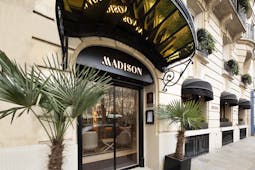 Grand door with awning and palm tree plants outside on pavement at the Madison Hotel Paris