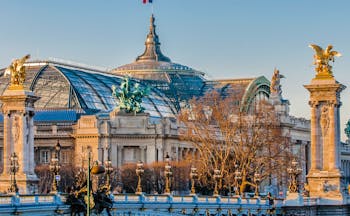 Grand palais Paris with flag on roof and bridge with columns Paris