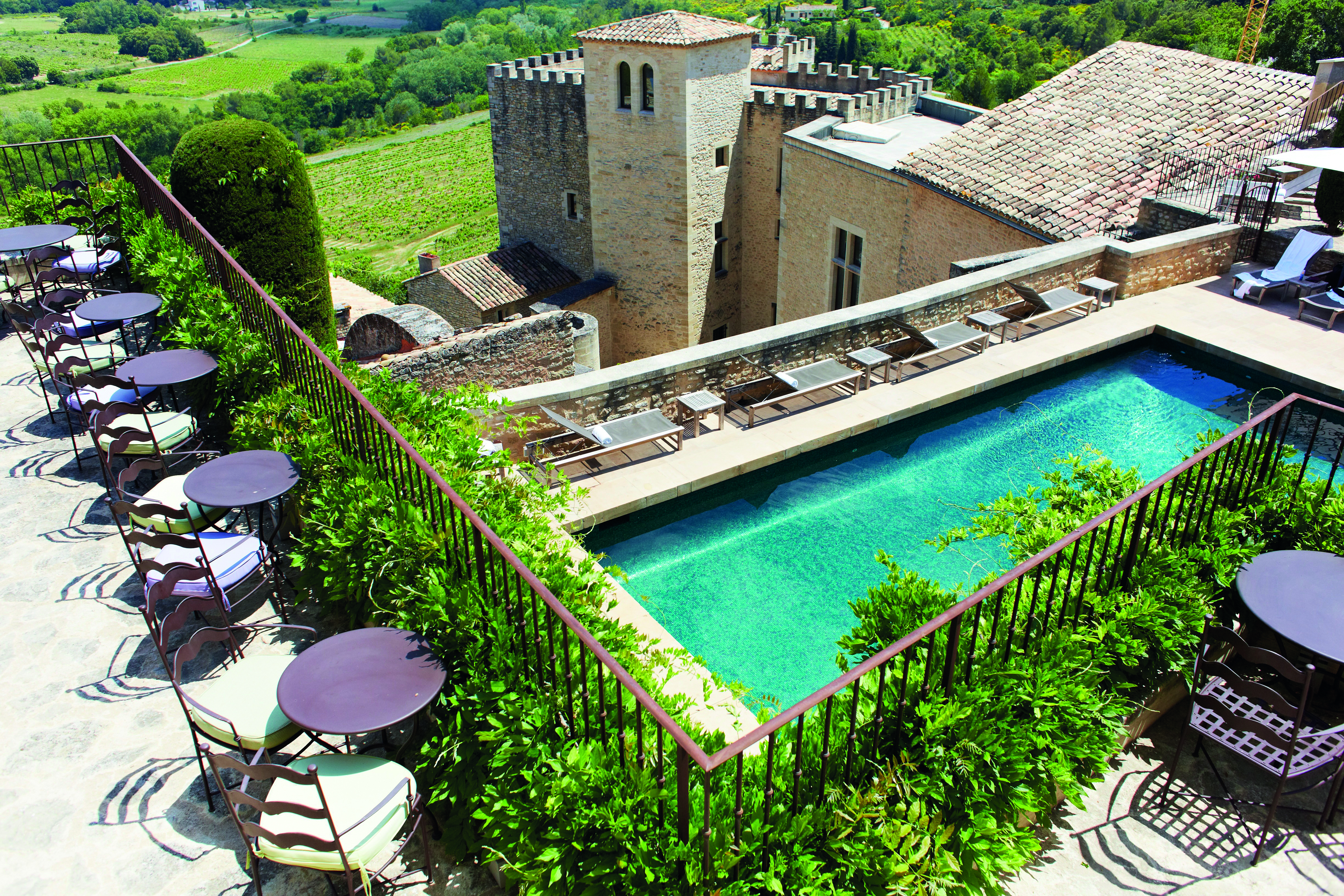 Hotel Crillon le Brave Provence aerial terrace pool sun loungers seating area