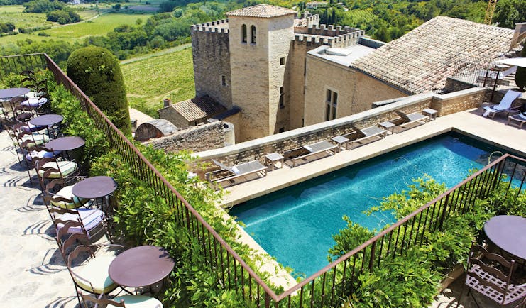 Hotel Crillon le Brave Provence aerial terrace pool sun loungers seating area