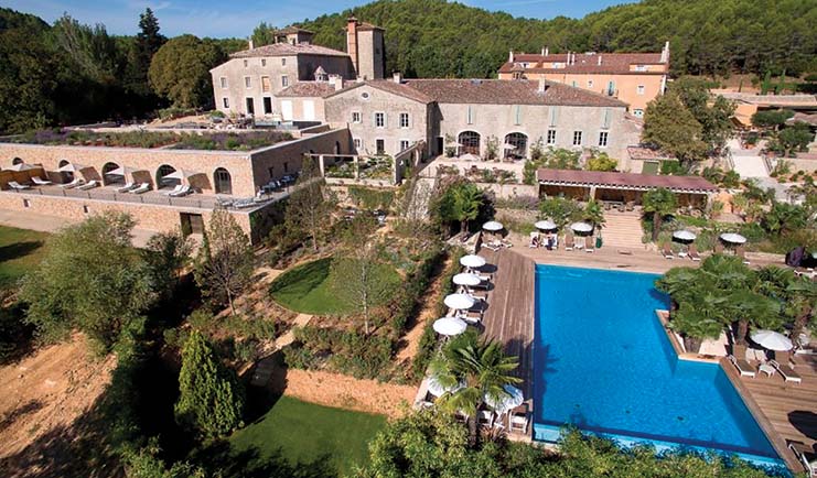 Chateau de Berne Provence outdoor swimming pool aerial view gardens