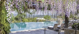 Terre Blanche Hotel and Spa Provence exterior pool foliage infinity pool from lounging area with purple flowers