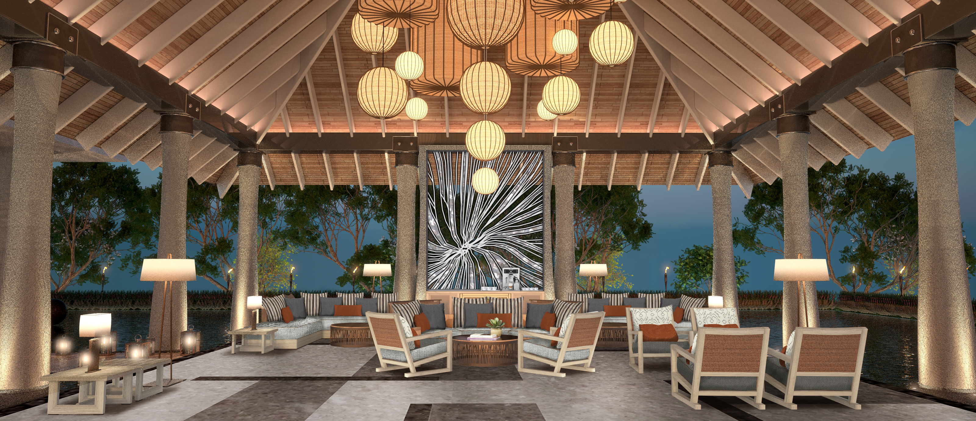 Lobby with lights hanging from ceiling seating areas around the room 