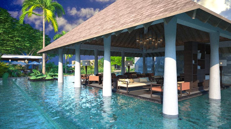 View from the pool of the lounge, a seating area with hut style roof with white pillars and shown beside the pool 