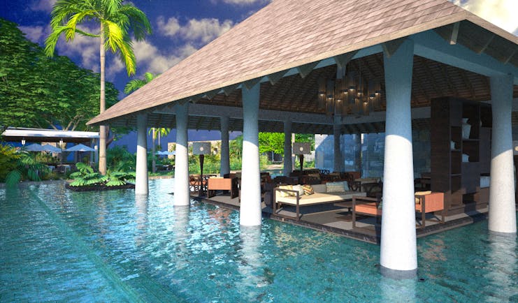 View from the pool of the lounge, a seating area with hut style roof with white pillars and shown beside the pool 