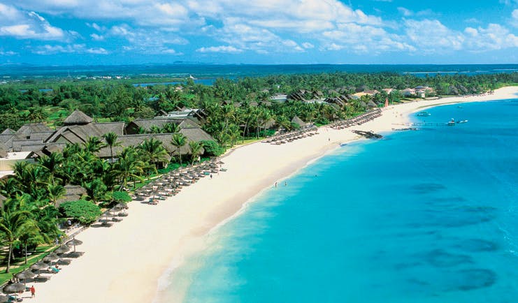 Constance Belle Mare Plage Mauritius aerial view of resort villas beach sea