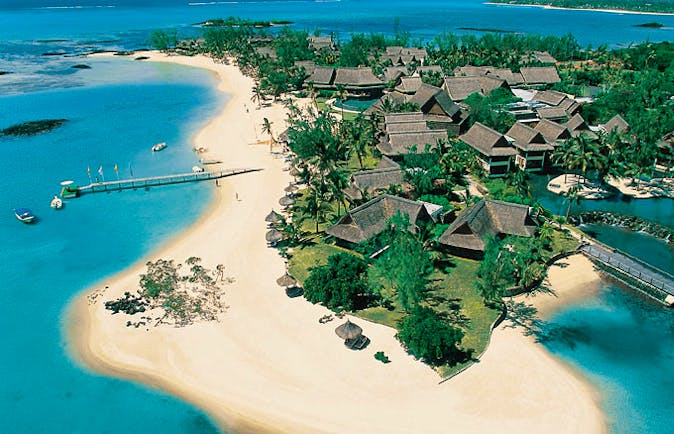 Constance Le Prince Maurice Mauritius aerial shot of resort beach jetty villas oceans