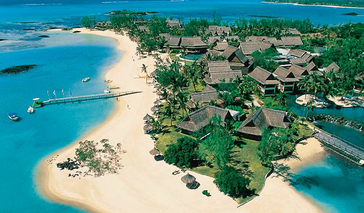 Constance Le Prince Maurice Mauritius aerial shot of resort beach jetty villas oceans