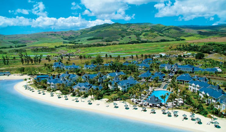 Le Telfair Mauritius aerial view of resort palm trees beach 