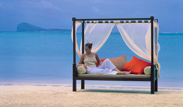 Lux Grand Gaube Mauritius beach seating lounger on beach white sand clear blue sea