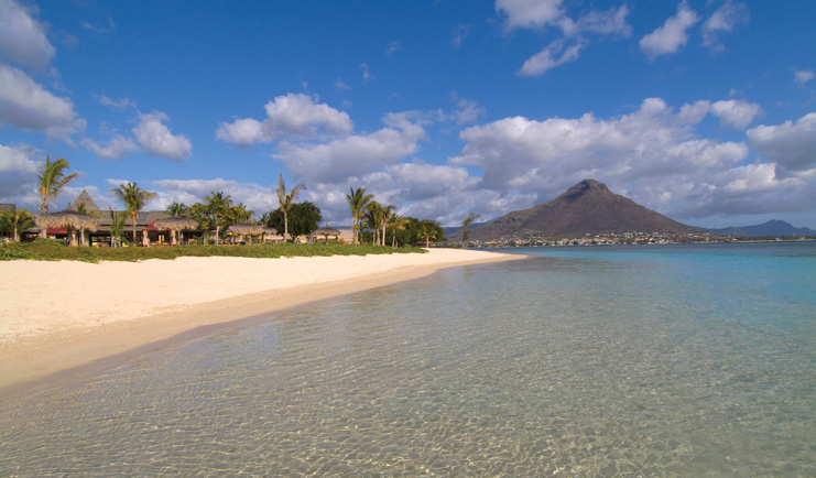 Beach with palm trees, sand and sea 