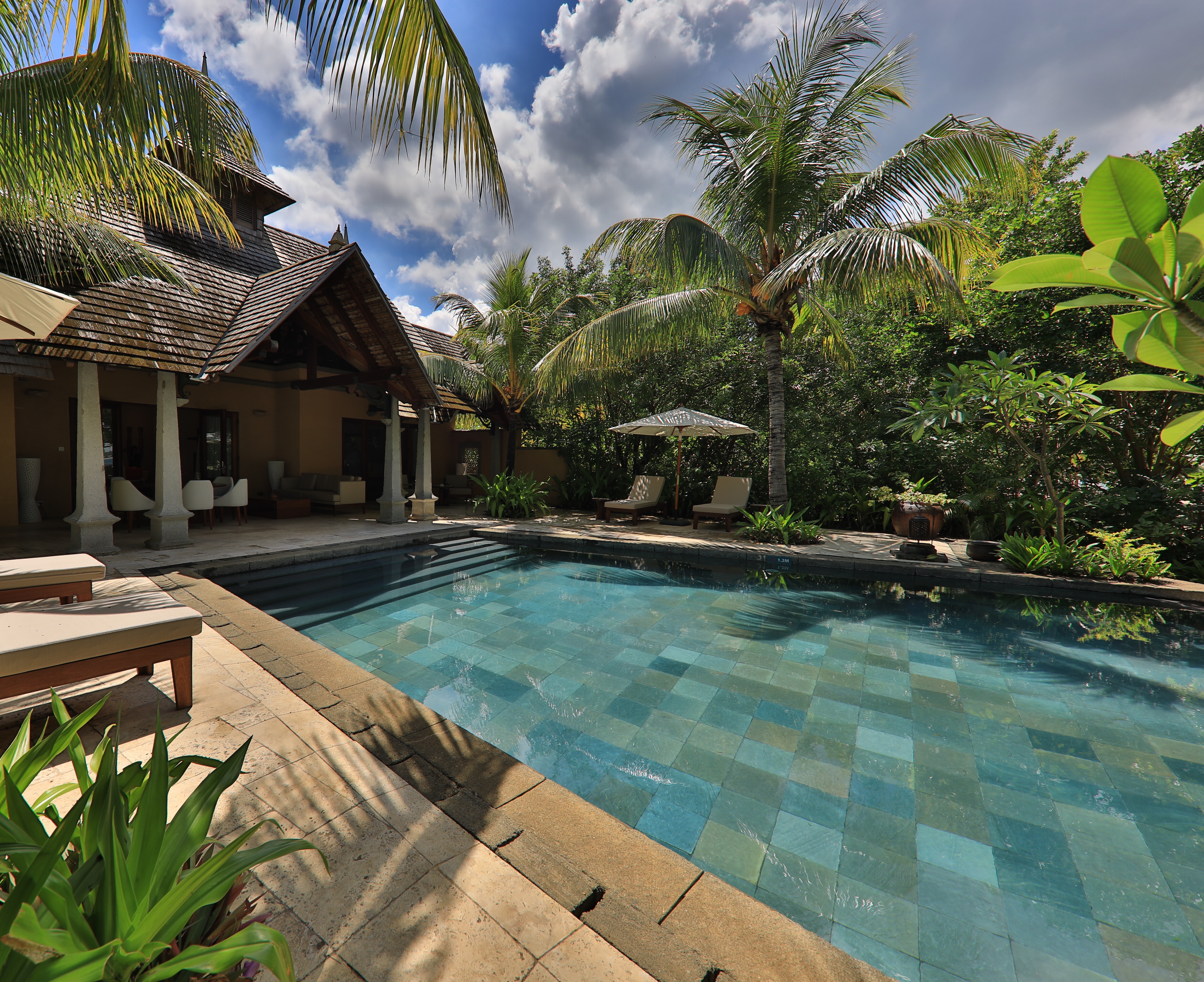 Presidential suite pool villa with palm trees nearby 