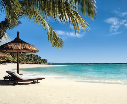 Beach with palm trees, mini beach hut umbrellas and buildings in distance 